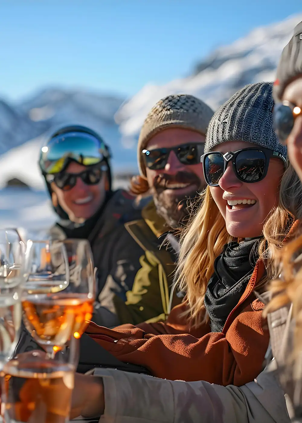 Amigos con gafas en la monta&ntilde;a, brindando al atardecer, sonriendo