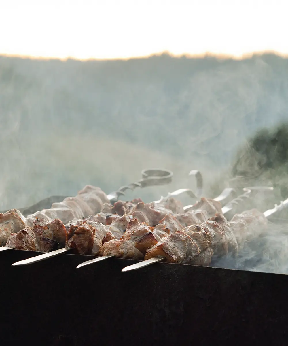 Brochetas de carne as&aacute;ndose en una parrilla con humo y vapor al atardecer