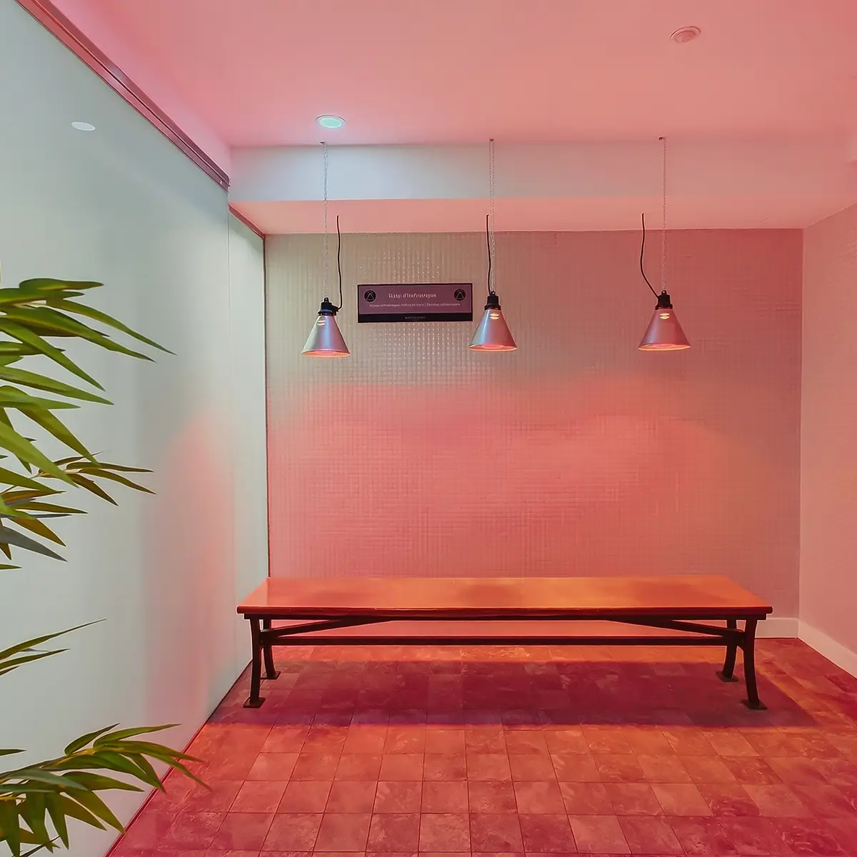 Interior con banco de madera, luces colgantes y pared color rosa, planta decorativa