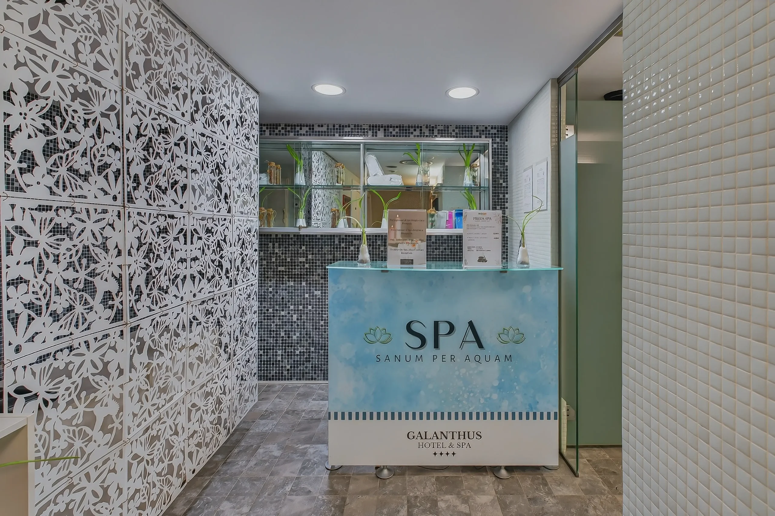 Recepci&oacute;n de spa con paneles decorativos, mosaicos y mostrador &ldquo;SPA&rdquo;