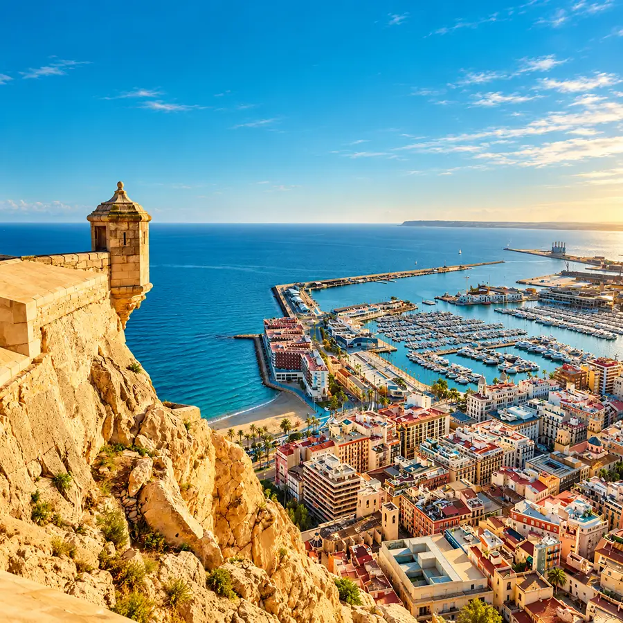 Acantilado con faro y puerto lleno de barcos al atardecer, vista de ciudad costera