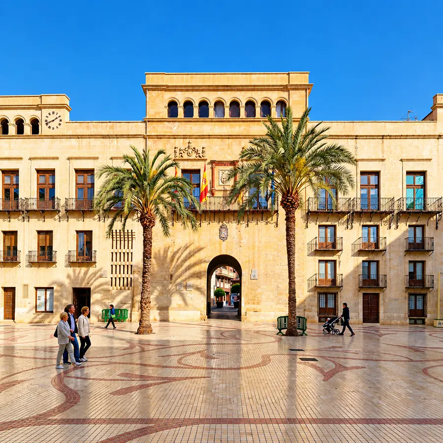 Plaza frente a un edificio de estilo colonial con palmeras y peatones