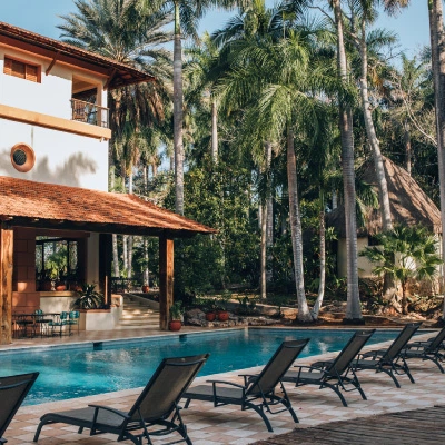Piscina al aire libre con tumbonas y palmeras junto a un hotel tropical
