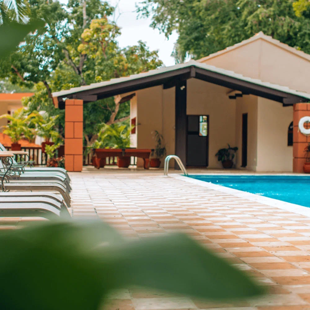 Piscina azul junto a una casa con porche y jardineras entre &aacute;rboles y plantas.