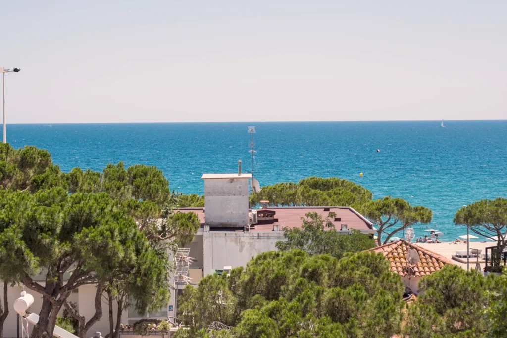 Vista del mar azul con árboles y construcciones en primer plano.