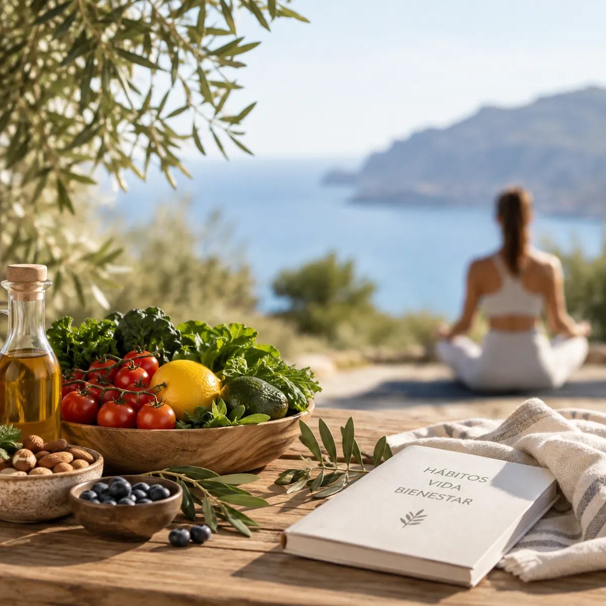 Bowl con verduras y limón, aceite y libro de hábitos; playa y persona desenfocada