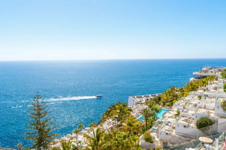 Vista de costa con palmeras, hoteles y mar azul al fondo