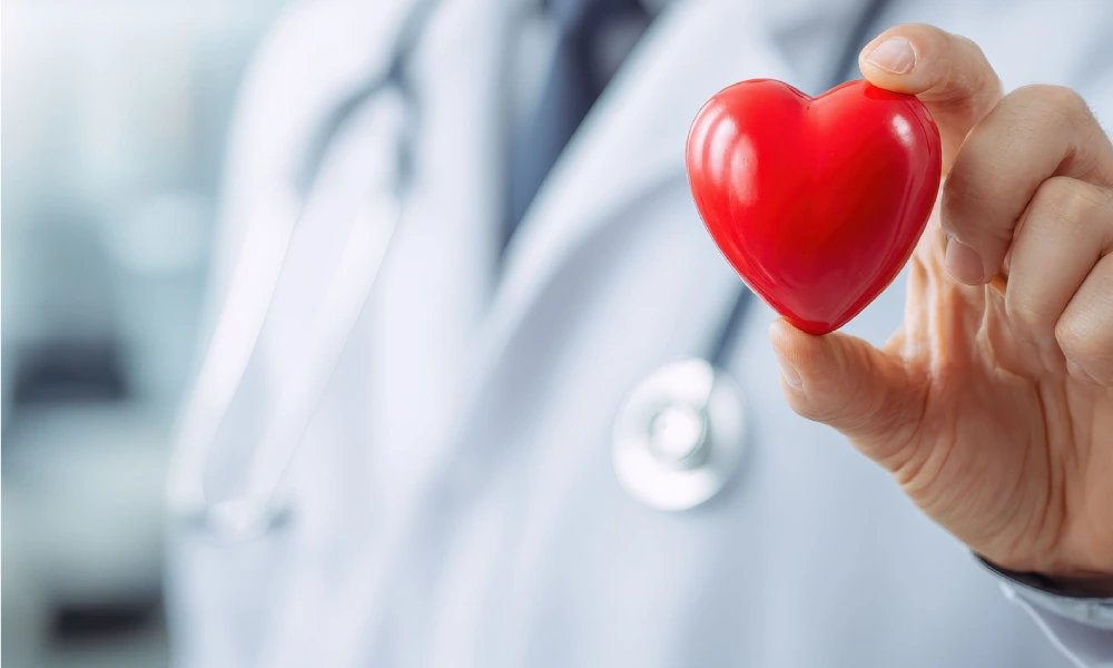 Doctor sosteniendo un corazón rojo de juguete en la mano.