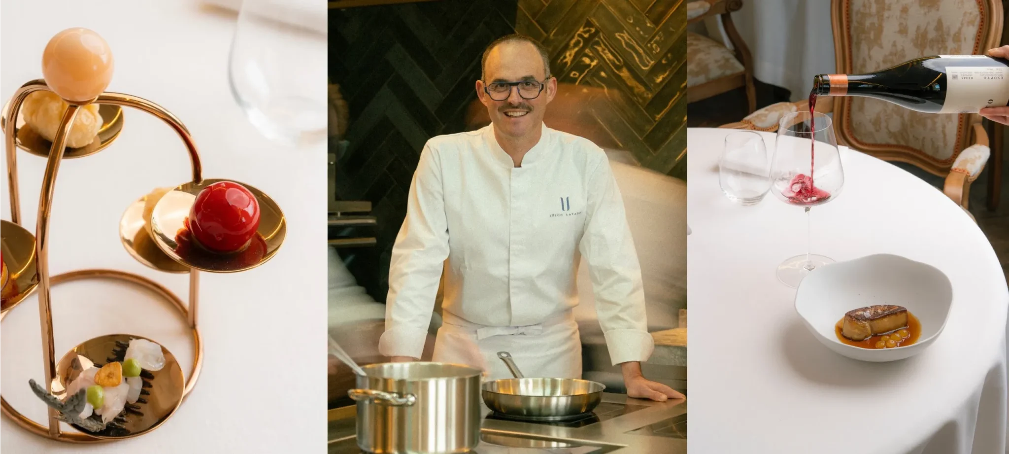 Chef cocinando, postres gourmet, vino servido en elegante restaurante.