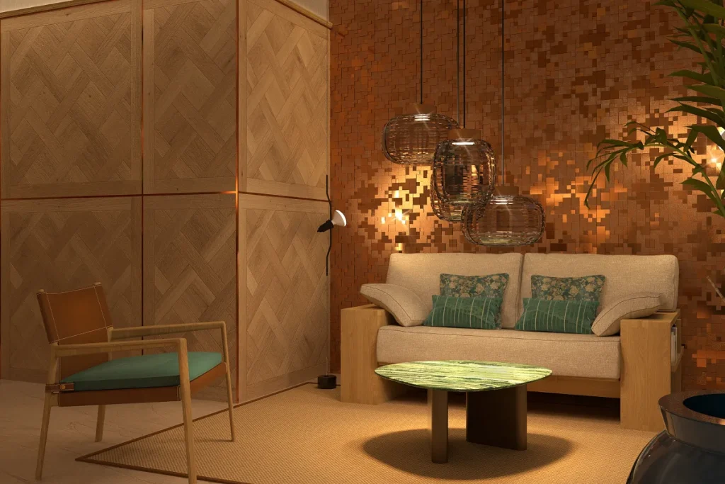 Sala luminosa con sof&aacute; beige, l&aacute;mparas de cestas y mesa verde.