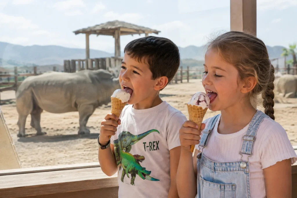 Niños se comen un helado en la reserva de MiniHollywood Oasys en verano
