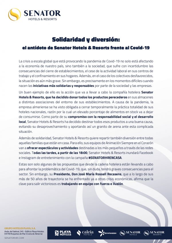Solidaridad y diversi&oacute;n: el ant&iacute;doto de Senator Hotels &amp; Resorts frente al Covid-19 (actualizada) - Senator Hotels &amp; Resorts