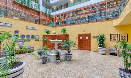 Patio interior con plantas, fuente central y paredes decoradas.