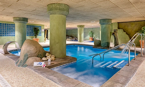 Piscina cubierta con columnas, rocas y plantas decorativas.