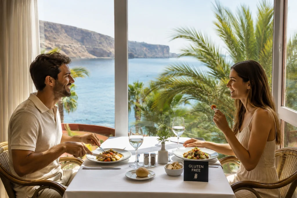 Una pareja en el hotel Mirador del Cabo disfruta de su comida en el buffet sin gluten.
