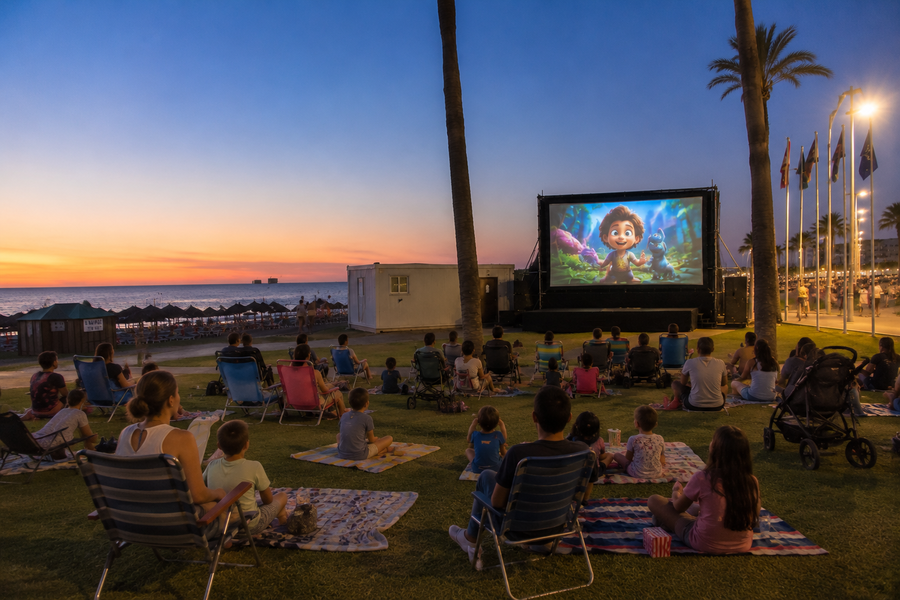 Cine de verano en Urbanizaci&oacute;n de Roquetas de Mar con pantalla en la playa junto al paseo mar&iacute;timo