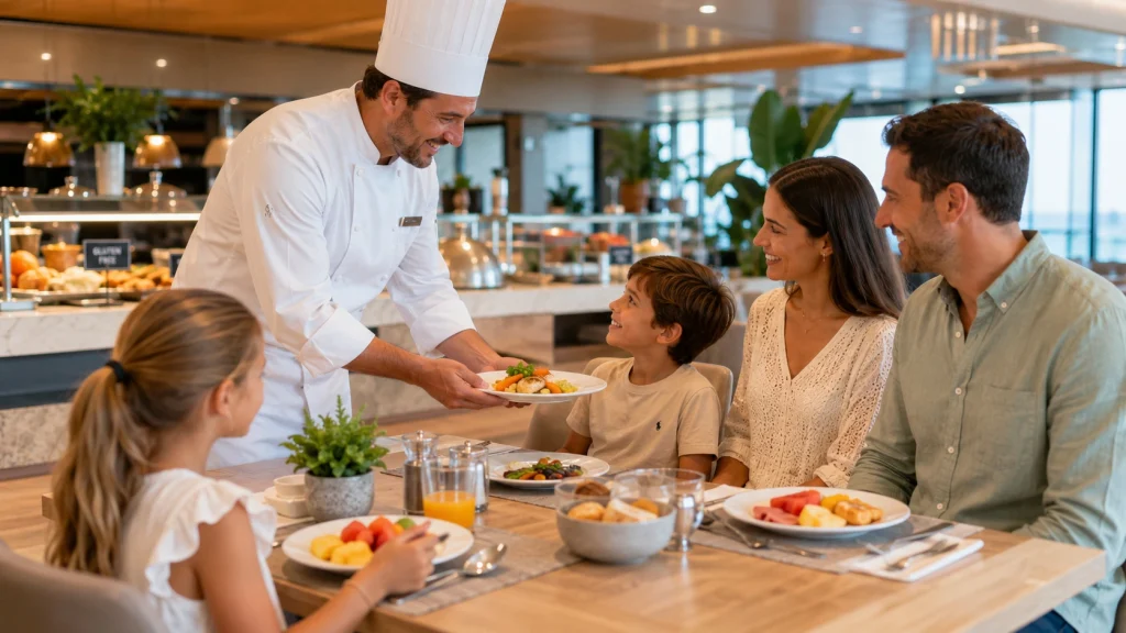 Representaci&oacute;n de un cocinero de hotel que lleva un plato sin gluten a una familia con un ni&ntilde;o cel&iacute;aco con un men&uacute; especial.