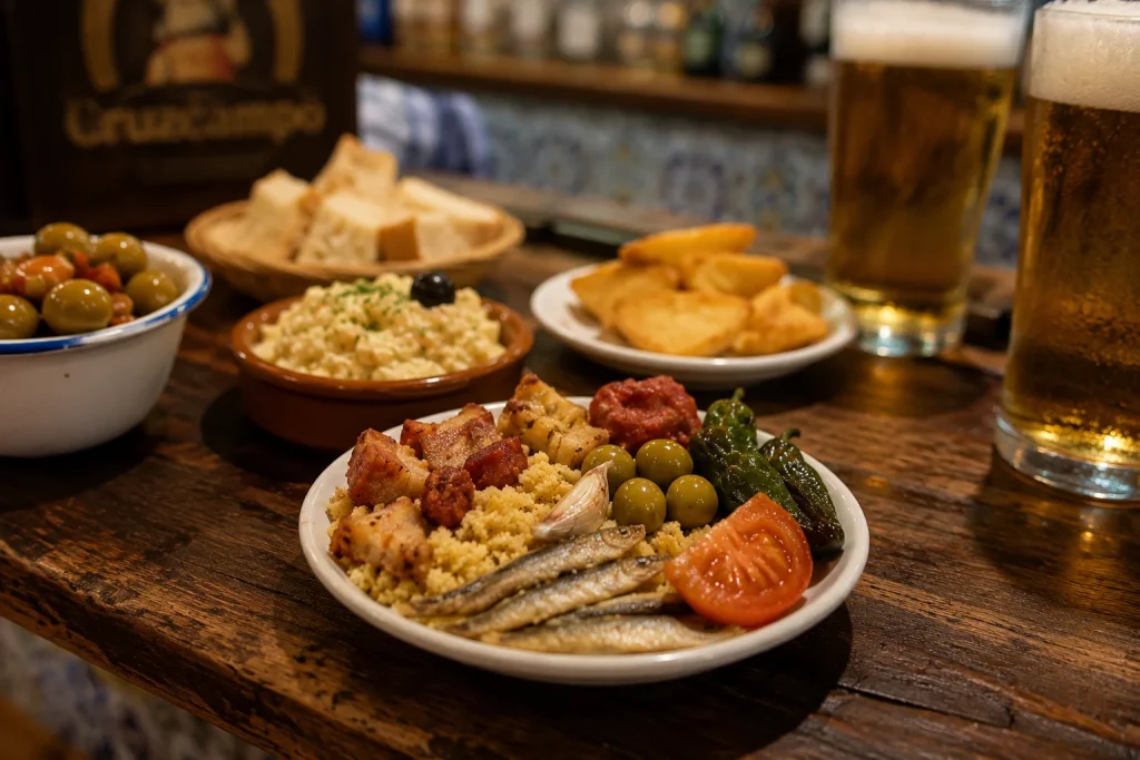 Representación de un sitio de tapas con migas de Almería de sémola de trigo y su guarnición