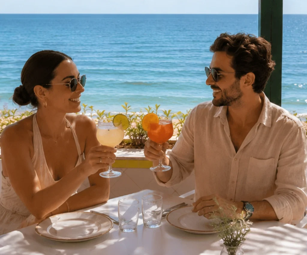 Pareja brindando con c&oacute;cteles frente al mar, sonriendo al sol