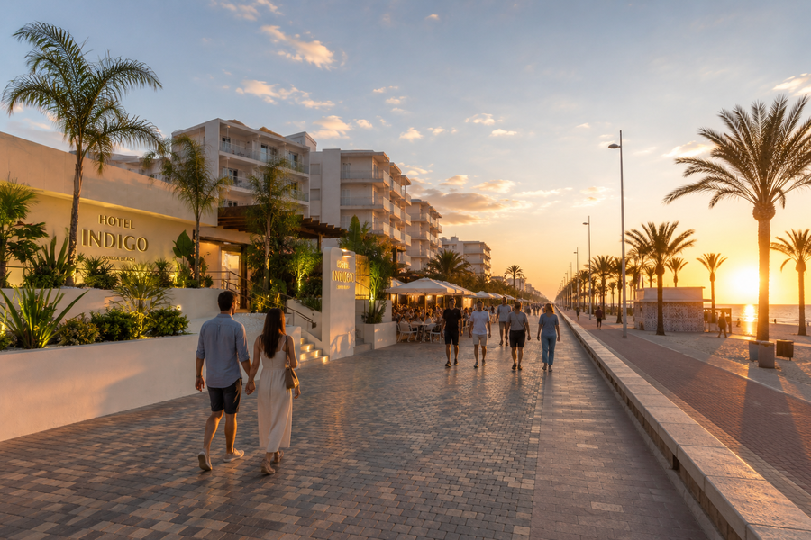 Paseo junto al Hotel Indigo, palmeras y atardecer con gente caminando