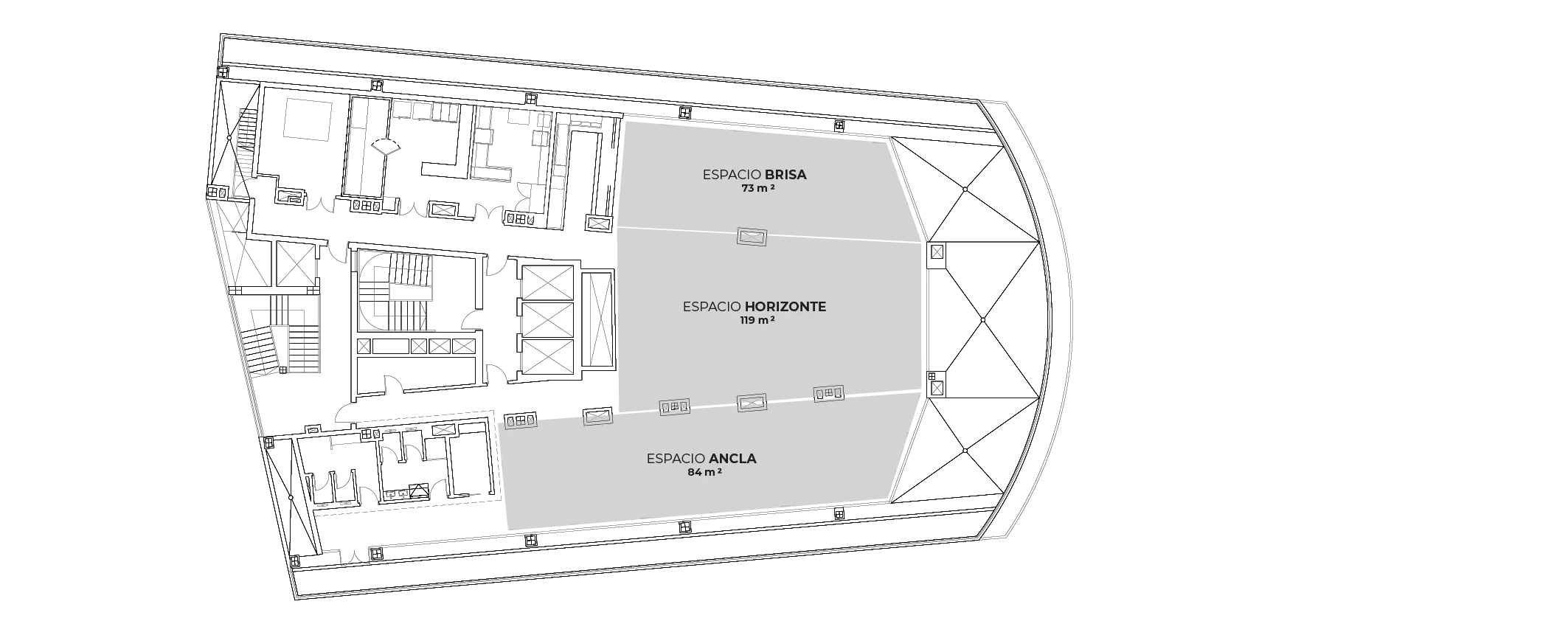 Plano de planta con espacios Brisa, Horizonte y Ancla de 73, 119 y 84 m&sup2;