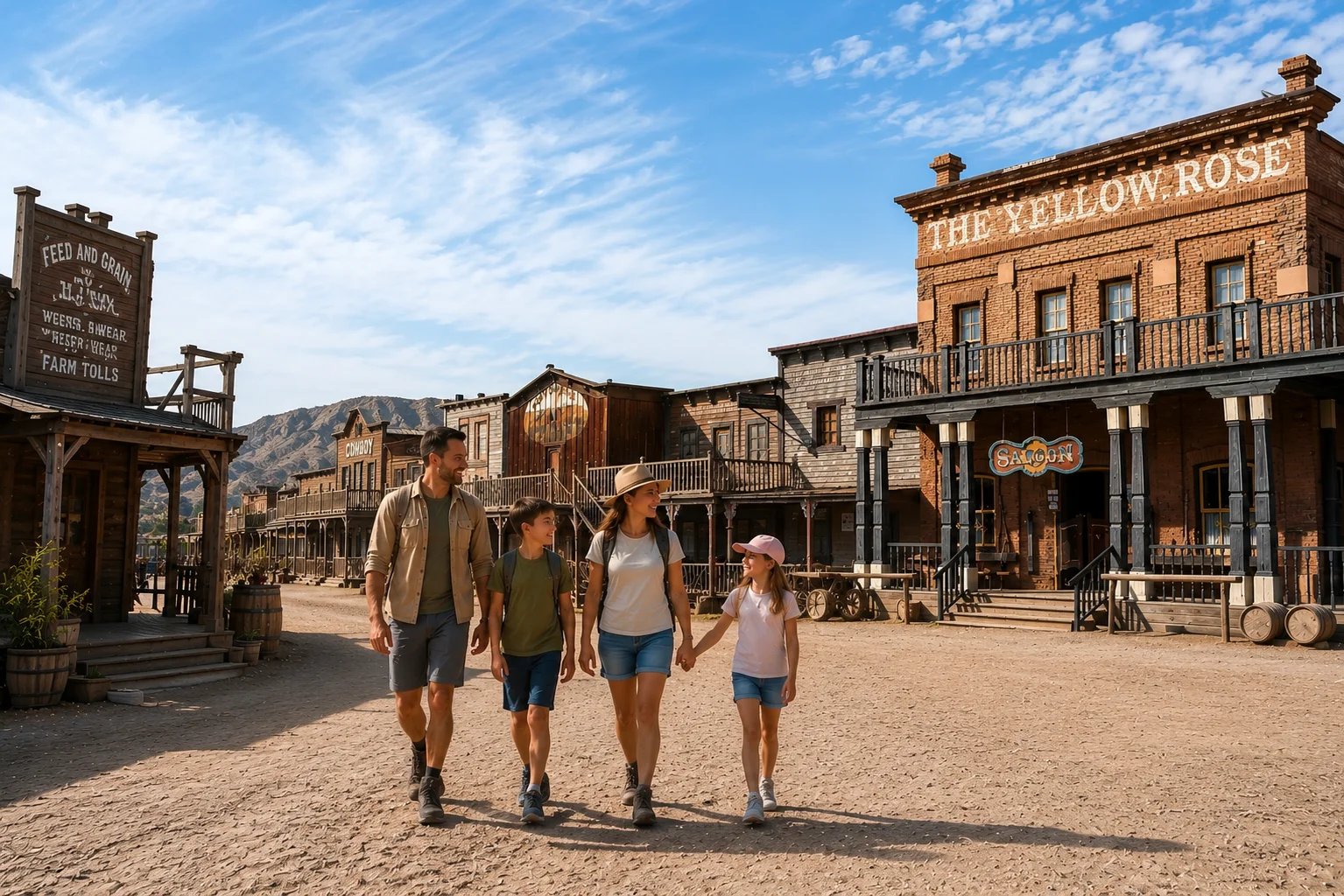 Familia pasea por el poblado de MiniHollywood Oasys sonriendo y disfrutando del parque tem&aacute;tico (Tabernas, Almer&iacute;a)