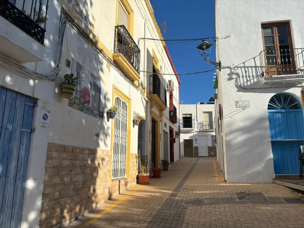 Calle de N&iacute;jar Pueblo con casas blancas y macetas