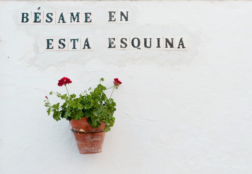 Calle en Rota con una pared blanca donde se lee B&eacute;same en esta esquina y una maceta colgada con claveles rojos.