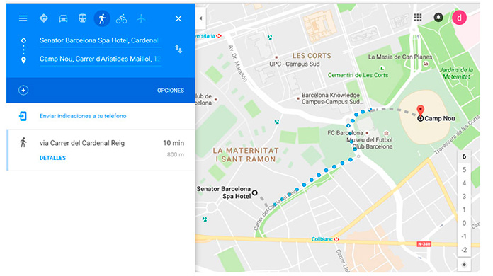 Mapa Trayecto desd eHotel Senator Barcelona al Camp Nou
