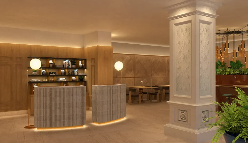 Interior de spa moderno con recepci&oacute;n, luces c&aacute;lidas y jard&iacute;n decorativo