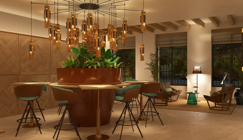 Interior moderno con barra, sillones y gran l&aacute;mpara colgante con plantas