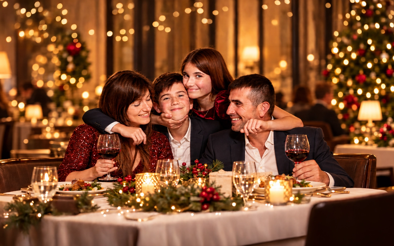 Familia brindando en cena de Navidad, con luces y decoraci&oacute;n festiva.