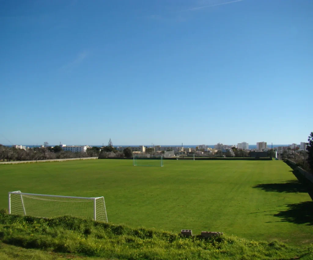 Campo de f&uacute;tbol verde con porter&iacute;a y vista al mar al fondo.