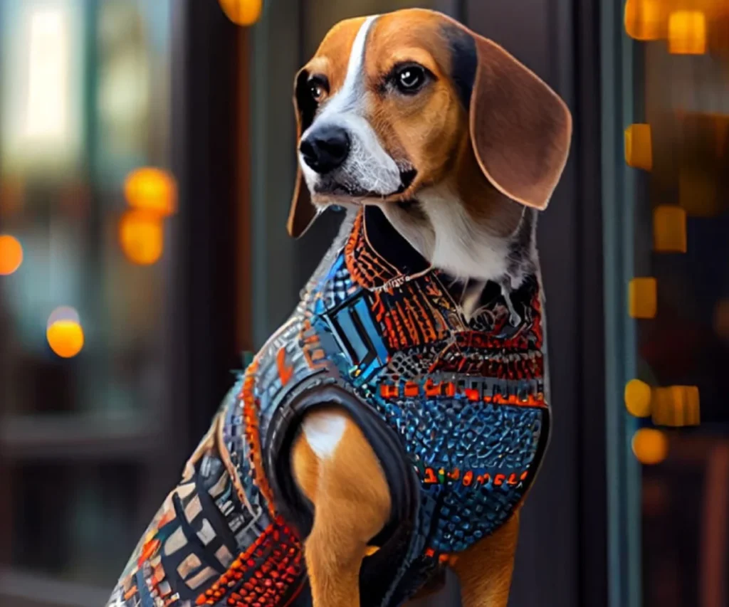 Perro beagle con collar multicolor en interior con luces c&aacute;lidas desenfocadas