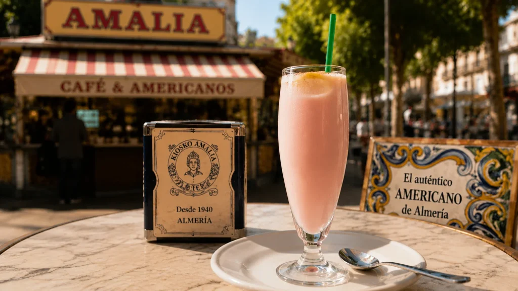 Café americano Kiosko Amalia en Almería. Bebida típica de Almería con nuez de cola, limón y canela