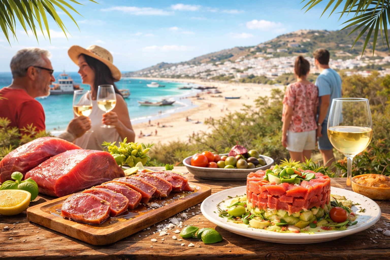 Pareja con vino en playa; platos de carne y ensalada en primer plano.