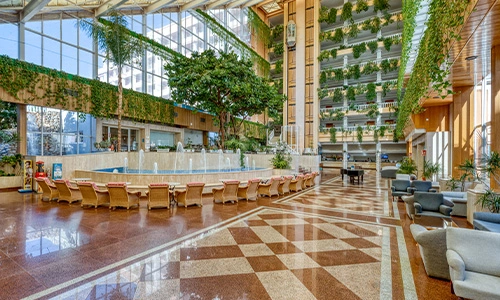 Lobby amplio y luminoso con plantas colgantes, sillones y fuente central.