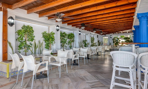Terraza con sillas blancas, plantas en la pared y techo de madera.
