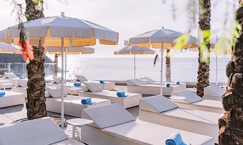 Camastros blancos y sombrillas junto al mar en un entorno soleado.