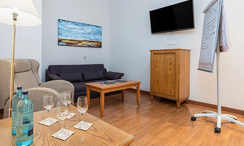 Sala de estar con sof&aacute;, televisor, copas y botella sobre mesa de madera.