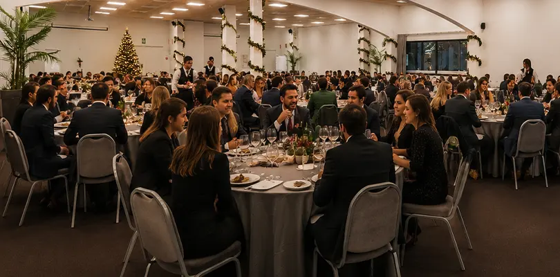 Comensales en un banquete formal, mesas servidas y decoraci&oacute;n navide&ntilde;a.