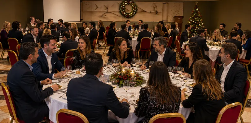 Cena de Navidad con invitados alrededor de mesas, &aacute;rbol y decoraci&oacute;n festiva.