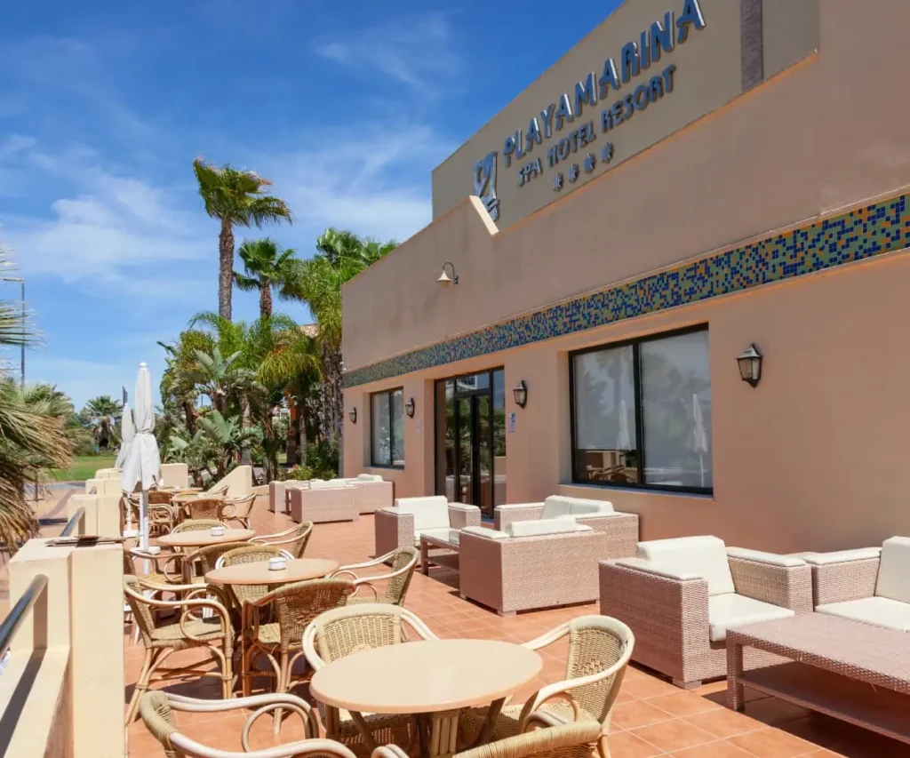 Terraza de hotel con mesas, sillas y palmeras bajo cielo azul