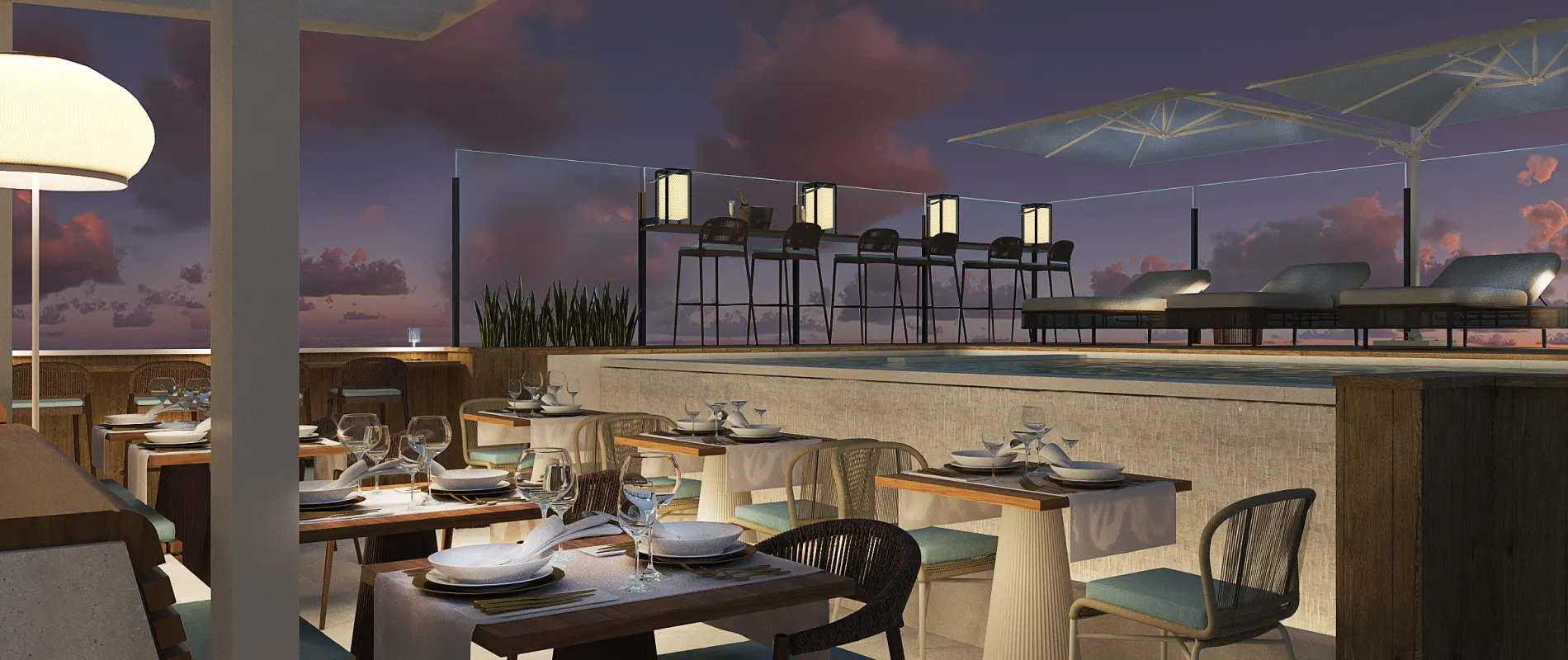 Comedor exterior con mesa puesta, sillones y luces en atardecer nublado