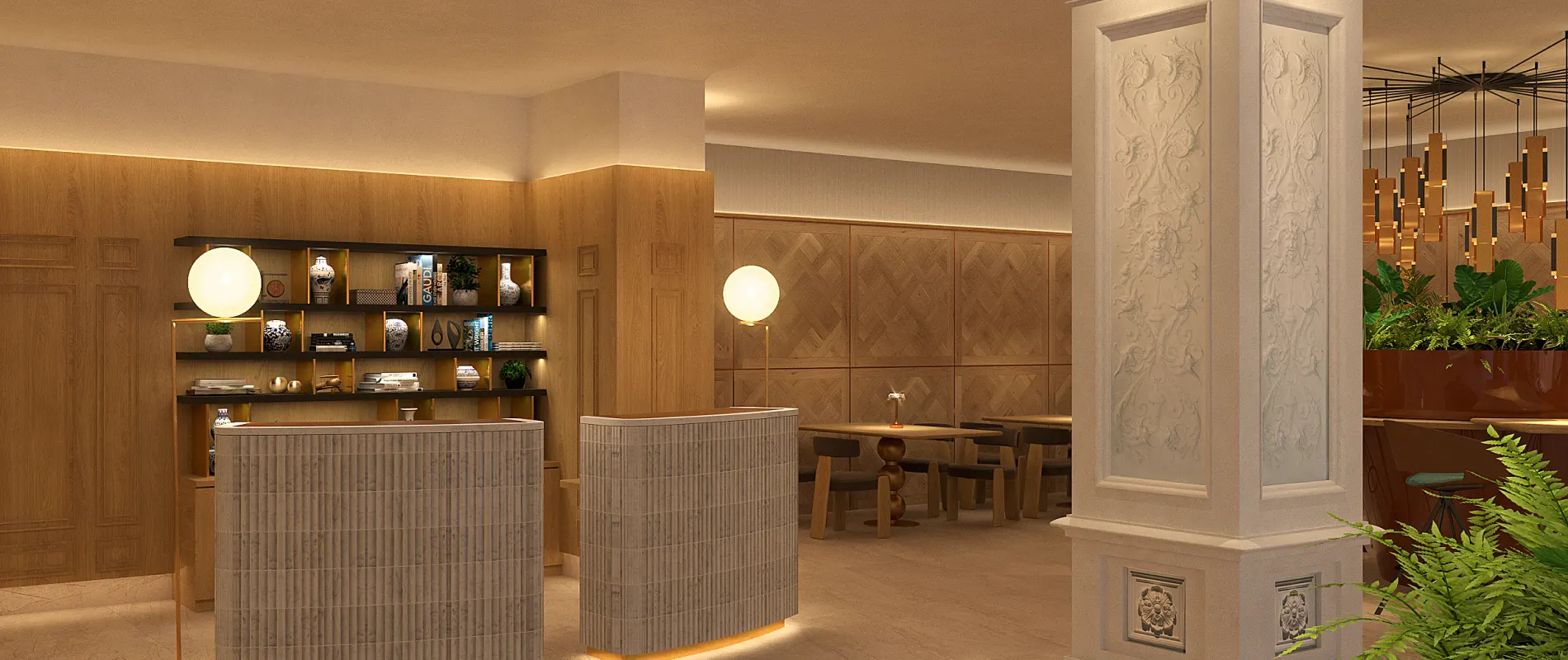 Interior de hotel con recepci&oacute;n, l&aacute;mparas c&aacute;lidas y muebles de madera