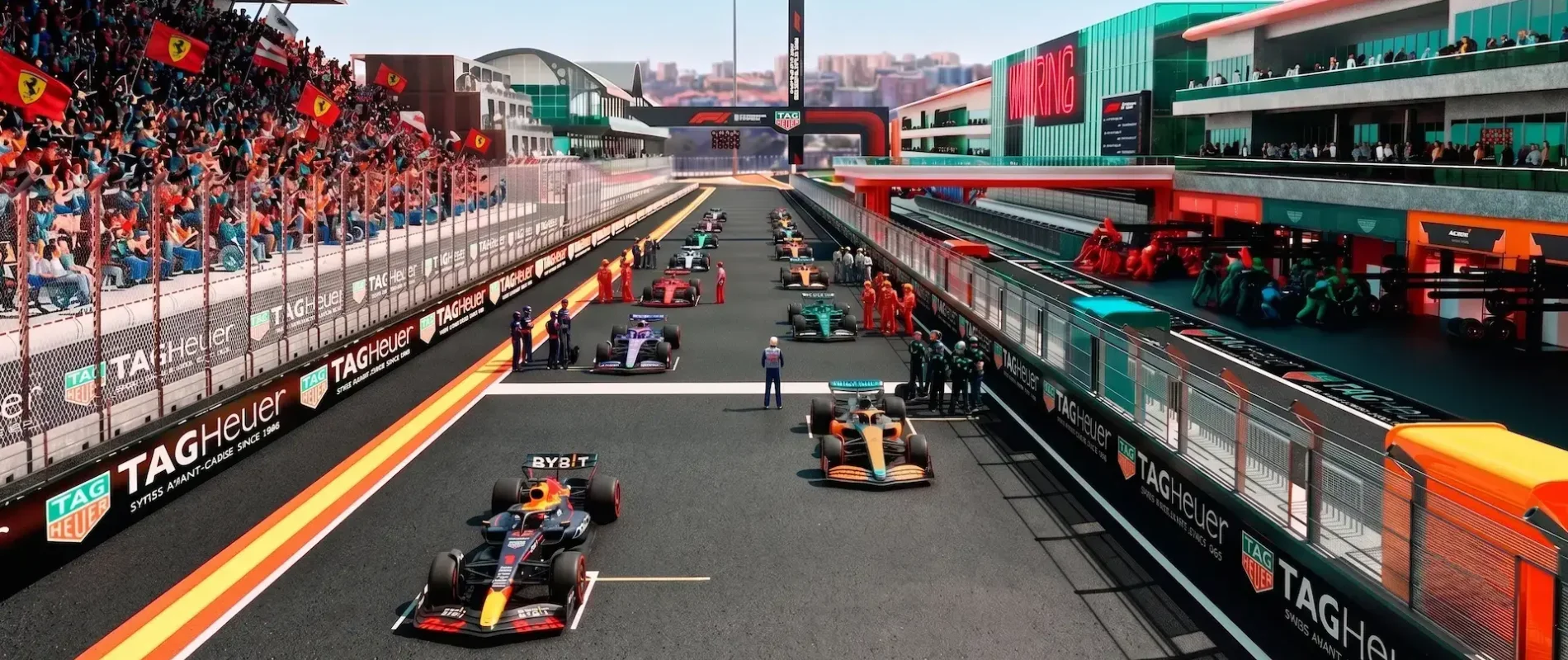 Pista de carreras con autos de F&oacute;rmula 1 y banderas en las gradas del circuito