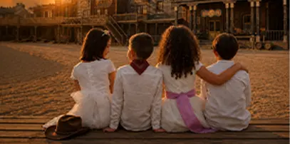 Cuatro ni&ntilde;os sentados en el suelo mirando un lugar iluminado al atardecer.