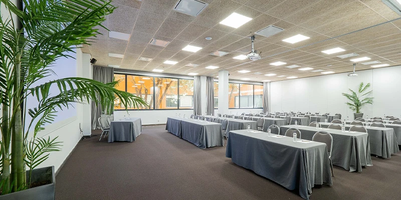 Sala de conferencias moderna con mesas grises y plantas decorativas.