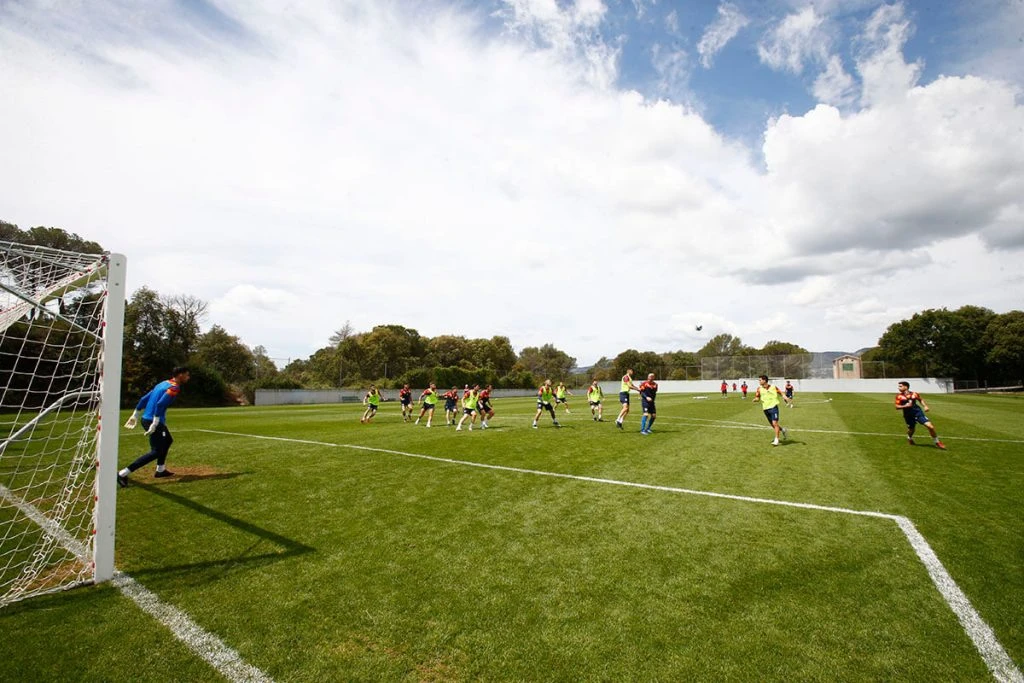Partido de f&uacute;tbol en campo de c&eacute;sped; jugadores disparan cerca del arco