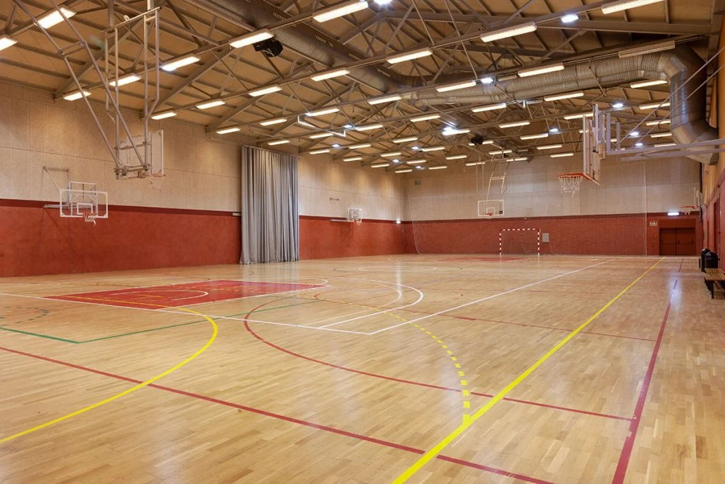 Gimnasio interior con pistas de baloncesto y marcadores de colores en el suelo